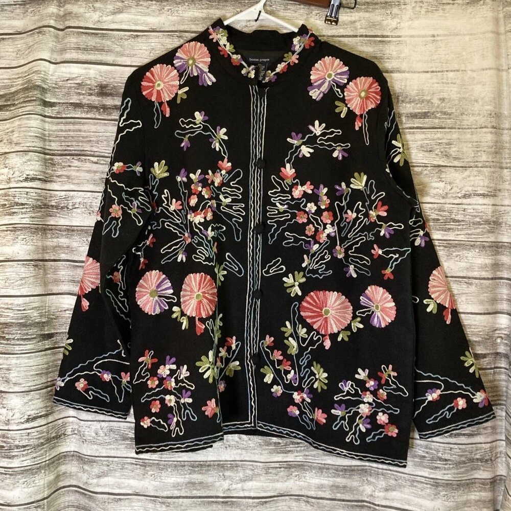 VTG Boston Proper Black Floral Embroidered Jacket Womens Size M Cottagecore Boho